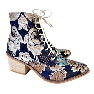 Vintage Satin Floral Embroidered Block Heel Cowboy Ankle Booties